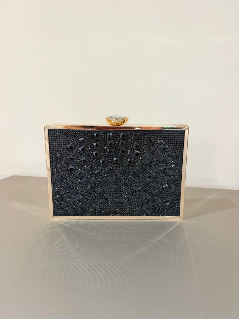 White House Black Market Black Crystal-Embellished Clutch with Gold Frame